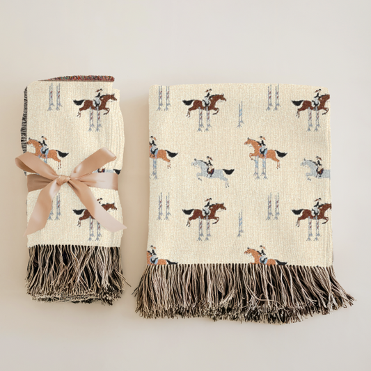 Equestrian Woven Blanket -  Jumping Horse-Themed